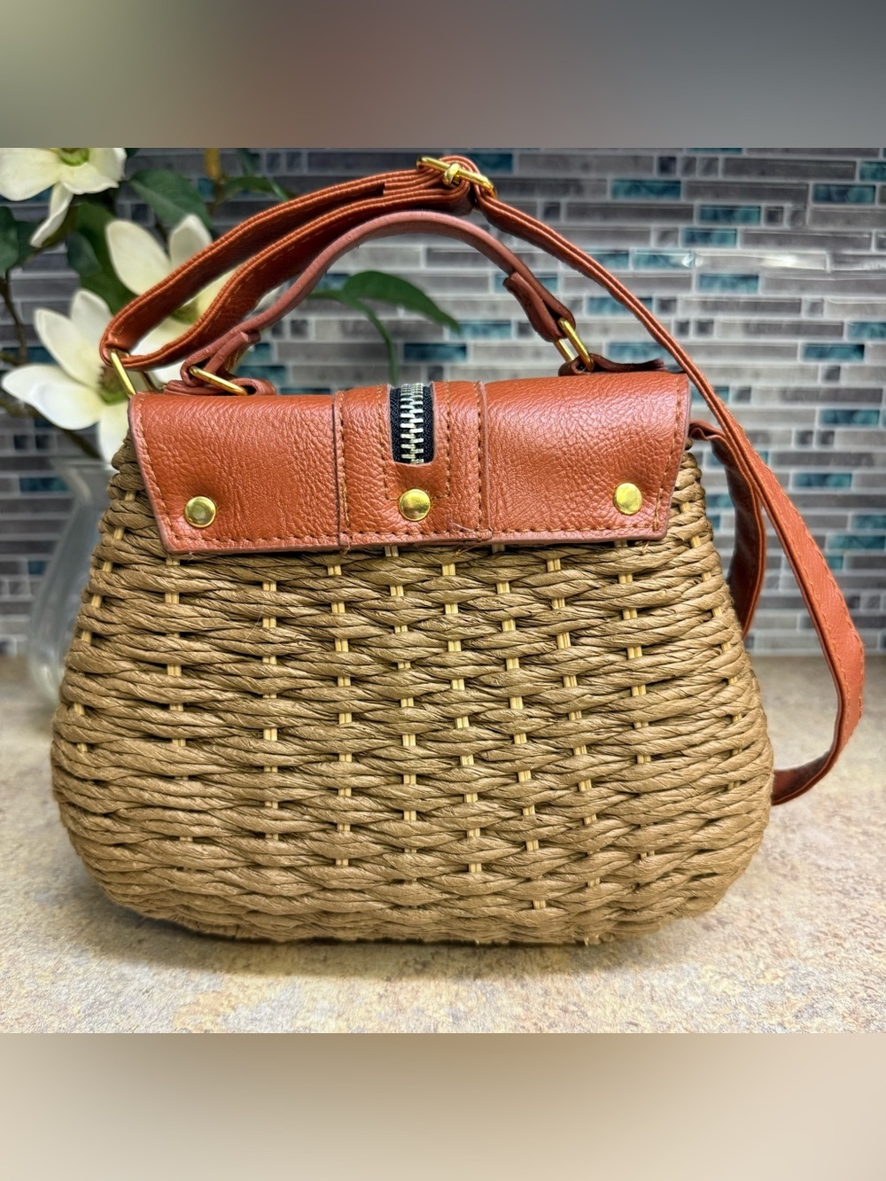Hand woven Jute and vegan leather purse - Picture 3 of 9